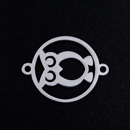 Picture of Stainless Steel Halloween Connectors Silver Tone Round Owl Hollow 19.5mm x 15mm, 5 PCs