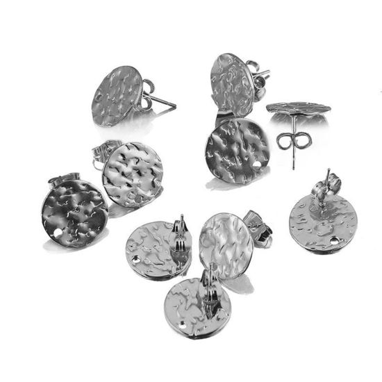 Image de Boucles d'Oreilles Puces au Style Martelage en Acier Inoxydable Rond Argent Mat avec Boucle 8mm Dia., Epaisseur de Fil: (20 gauge), 1 Pièce