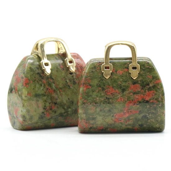 Picture of Unakite ( Natural ) Ins Style Charms Gold Plated Green Handbag 27mm x 25mm, 1 Piece