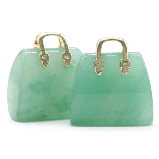 Picture of Green Aventurine ( Natural ) Ins Style Charms Gold Plated Green Handbag 27mm x 25mm, 1 Piece