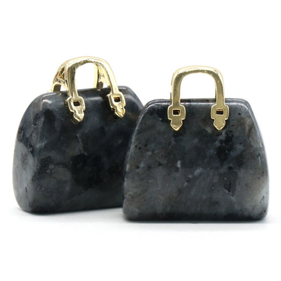 Picture of Spectrolite ( Natural ) Ins Style Charms Gold Plated Black Handbag 27mm x 25mm, 1 Piece