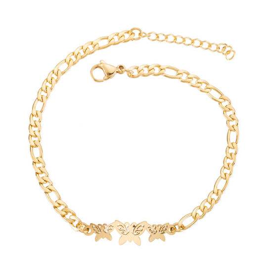 Picture of 304 Stainless Steel Stylish 3:1 Figaro Link Chain Bracelets Gold Plated Butterfly 16cm(6 2/8") long, 1 Piece