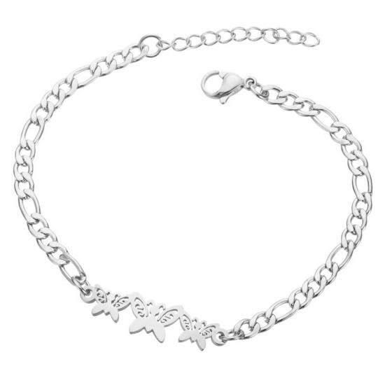 Picture of 304 Stainless Steel Stylish 3:1 Figaro Link Chain Bracelets Silver Tone Butterfly 16cm(6 2/8") long, 1 Piece