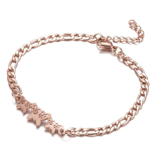 Picture of 304 Stainless Steel Stylish 3:1 Figaro Link Chain Bracelets Rose Gold Butterfly 16cm(6 2/8") long, 1 Piece