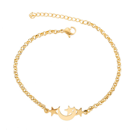 Picture of 304 Stainless Steel Stylish Rolo Chain Bracelets Gold Plated Star Moon 16cm(6 2/8") long, 1 Piece