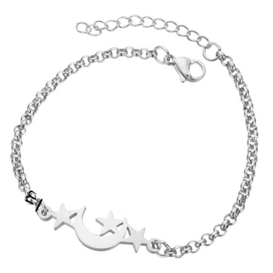 Picture of 304 Stainless Steel Stylish Rolo Chain Bracelets Silver Tone Star Moon 16cm(6 2/8") long, 1 Piece