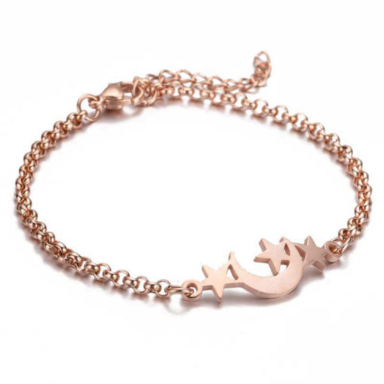 Picture of 304 Stainless Steel Stylish Rolo Chain Bracelets Rose Gold Star Moon 16cm(6 2/8") long, 1 Piece