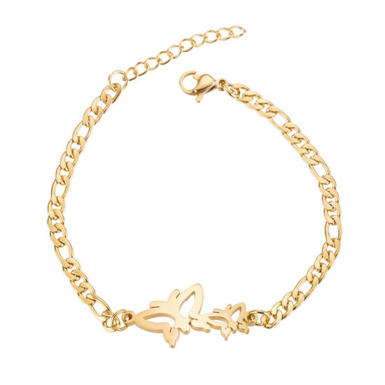 Picture of 304 Stainless Steel Stylish 3:1 Figaro Link Chain Bracelets Gold Plated Butterfly 16cm(6 2/8") long, 1 Piece