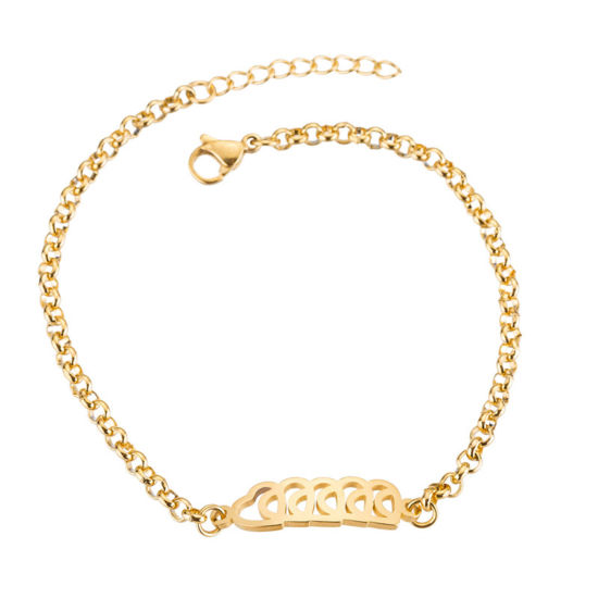 Picture of 304 Stainless Steel Stylish Rolo Chain Bracelets Gold Plated Heart 16cm(6 2/8") long, 1 Piece