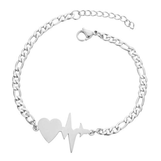 Picture of 304 Stainless Steel Stylish 3:1 Figaro Link Chain Bracelets Silver Tone Medical Heartbeat/ Electrocardiogram 16cm(6 2/8") long, 1 Piece