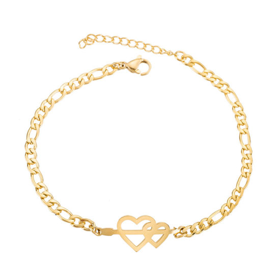 Picture of 304 Stainless Steel Stylish 3:1 Figaro Link Chain Bracelets Gold Plated Heart 16cm(6 2/8") long, 1 Piece