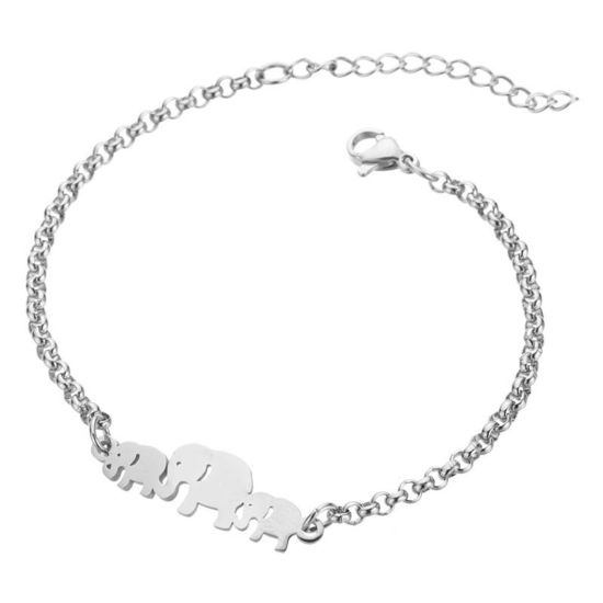 Picture of 304 Stainless Steel Stylish Rolo Chain Bracelets Silver Tone Elephant 16cm(6 2/8") long, 1 Piece