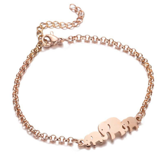 Picture of 304 Stainless Steel Stylish Rolo Chain Bracelets Rose Gold Elephant 16cm(6 2/8") long, 1 Piece