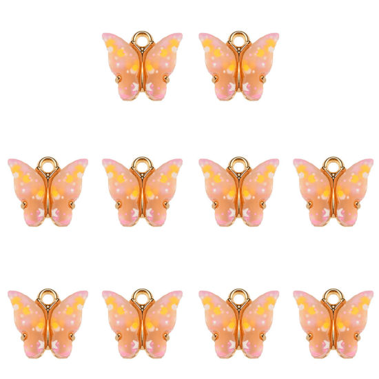 Immagine di Lega di Zinca + Acrilato Charms Farfalla Oro Placcato Arancione Paillettes 14mm x 12mm , 10 Pz