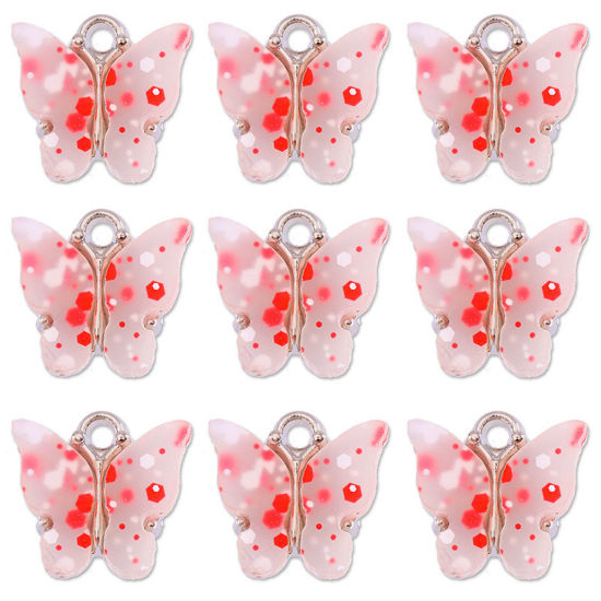 Immagine di Lega di Zinca + Acrilato Charms Farfalla Tono Argento Rosso Paillettes 14mm x 12mm , 10 Pz