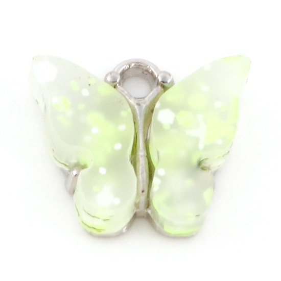 Immagine di Lega di Zinca + Acrilato Charms Farfalla Tono Argento Giallo Chiaro Paillettes 14mm x 12mm , 10 Pz