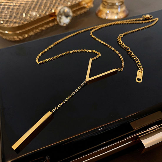 Picture of Titanium Steel Ins Style Link Cable Chain Necklace 18K Gold Plated V Shape Tassel 41cm(16 1/8") long, 1 Piece