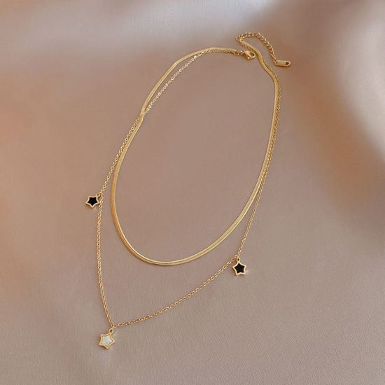 Bild von Titan Edelstahl Ins Stil Mehrschichtige Halskette 14K Gold Schwarz & Weiß Pentagramm Stern Imitat Muschel 43cm lang, 1 Strang