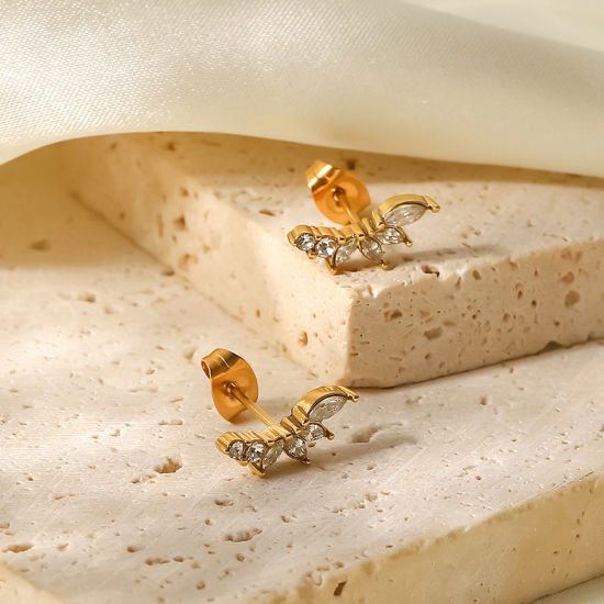 Imagen de 1 Par Enchapado al Vacío 304 Acero Inoxidable Estilo Ins Pendientes 18K Oro lleno Flor Transparente Rhinestone 1.4cm x 0.6cm