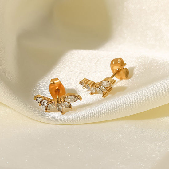 Imagen de 1 Par Enchapado al Vacío 304 Acero Inoxidable Estilo Ins Pendientes 18K Oro lleno Flor Transparente Rhinestone 1.4cm x 0.6cm