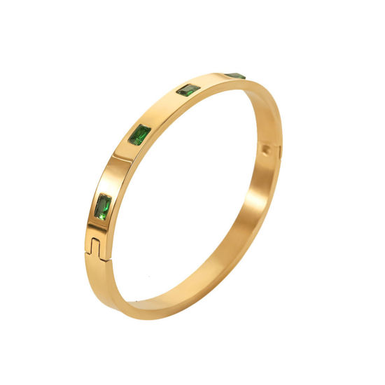 Picture of 1 Piece Vacuum Plating 304 Stainless Steel Ins Style Bangles Bracelets 18K Real Gold Plated Green Cubic Zirconia 5.9cm Dia.