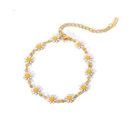 Image de Bracelets Style Ins en 304 Acier Inoxydable Plaqué Or 18K Blanc Marguerite Émail 17cm long, 1 Pièce
