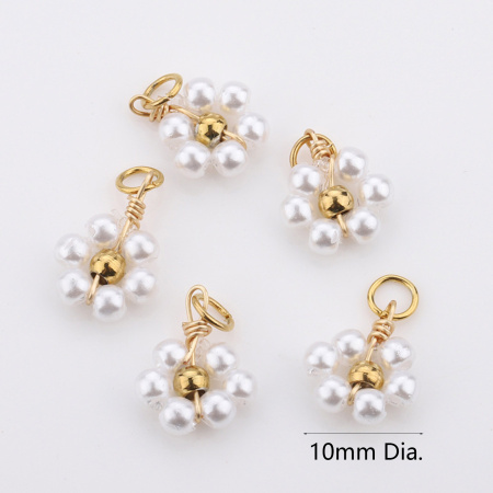 Image de Breloques en 304 Acier Inoxydable Fait à la Main Fleur Doré Blanc Imitation Perles 10mm Dia., 3 Pcs
