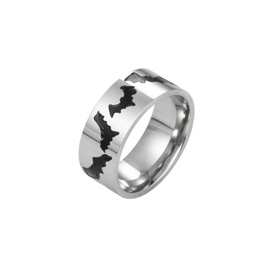 Bild von Hip-Hop Uneinstellbar Ring Silberfarbe Schwarz Emaille Halloween Fledermaus 18mm (US Größe 7.75), 1 Stück