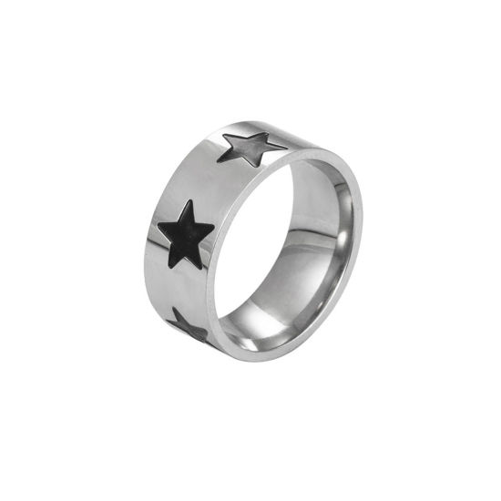 Bild von Hip-Hop Uneinstellbar Ring Silberfarbe Schwarz Emaille Stern 18mm (US Größe 7.75), 1 Stück