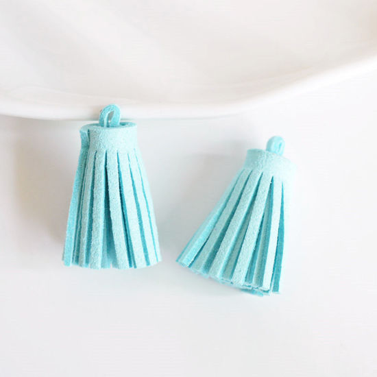 Picture of PU Leather Tassel Pendants Skyblue Faux Suede 3cm long, 10 PCs