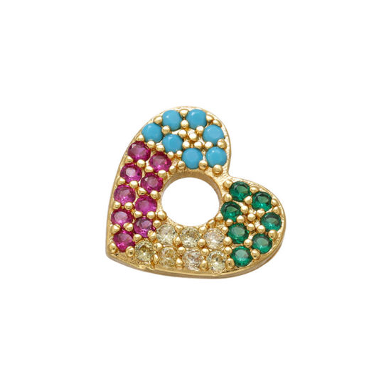 Image de 1 Pièce Breloques La Saint Valentin en Laiton Cœur Plaqué Or 18K Micro Pave à Zircone Cubique Multicolore 13mm x 12mm