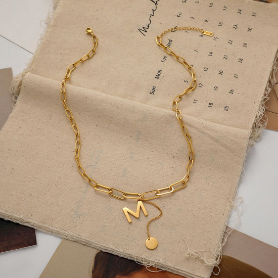 Immagine di Acciaio al titanio Stile Ins Cavo Catena Collana Oro Placcato Farfalla Lettera Maiuscola Messaggio " M " 45cm Lunghezza, 1 Pz
