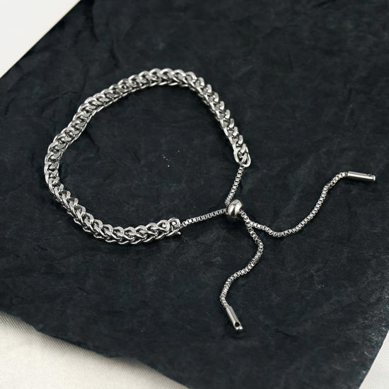 Imagen de 304 Acero Inoxidable Elegante Cadena Cola de Ratón Ajustable Slider/ Slide Pulsera Tono de Plata 27cm longitud, 1 Unidad