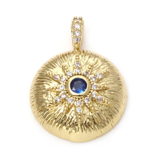Изображение Латунь Бижутерия усыпанная мелким фианит Подвески Круглые 18K настоящее золото с покрытием Солнце Прозрачный & Синий Искусственный Циркон 22мм x 16мм, 1 ШТ