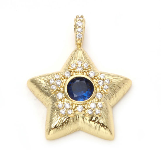 Изображение Латунь Бижутерия усыпанная мелким фианит Подвески Звезда 18K настоящее золото с покрытием Прозрачный & Синий Искусственный Циркон 24мм x 20мм, 1 ШТ
