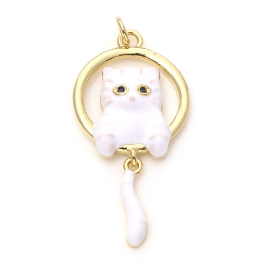 Image de Pendentifs en Laiton Chat Plaqué Or Véritable 18K Blanc Émail à Strass Noir 3.3cm x 1.6cm, 1 Pièce