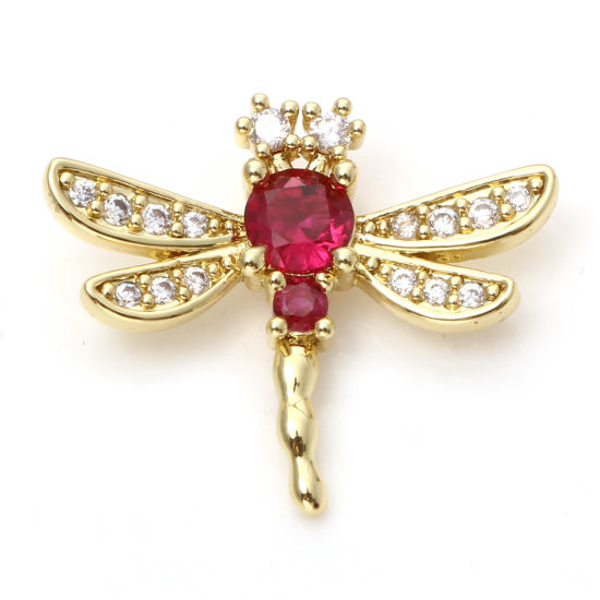 Image de Breloques Micro Pave en Laiton Libellule Plaqué Or Véritable 18K à Zircone Cubique Clair & Rouge 24mm x 20mm, 1 Pièce