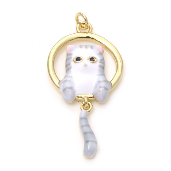 Image de Pendentifs en Laiton Chat Plaqué Or Véritable 18K Gris Émail à Strass Noir 3.3cm x 1.6cm, 1 Pièce