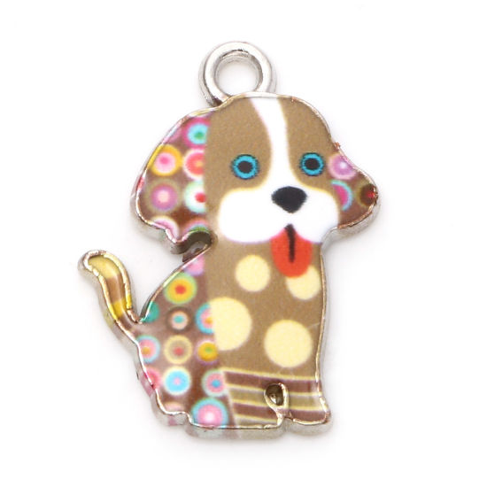 Imagen de Zamak Colgantes Charms Perro Tono de Plata Marrón Claro Esmalte 22mm x 16mm, 20 Unidades