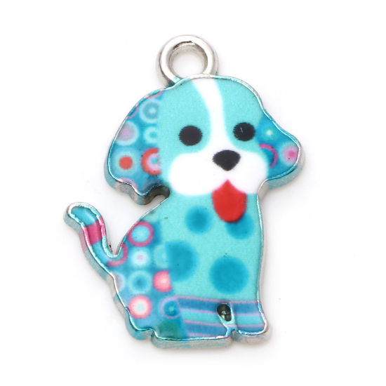 Imagen de Zamak Colgantes Charms Perro Tono de Plata Verde Azul Esmalte 22mm x 16mm, 20 Unidades