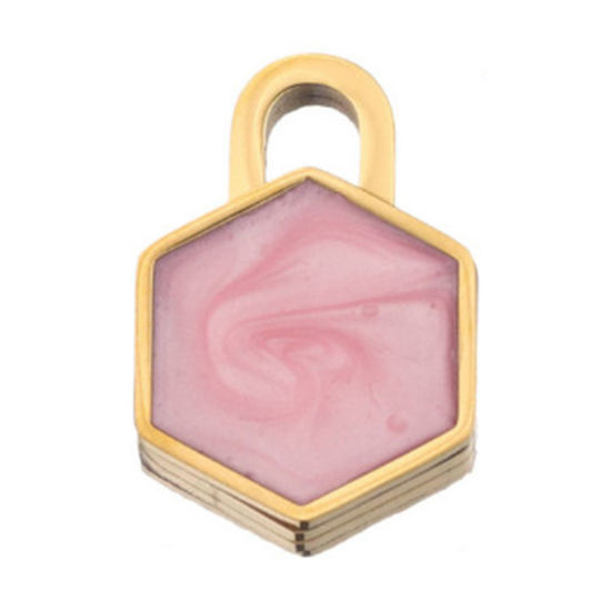 Picture of 304 Stainless Steel Charms Gold Plated Light Pink Hexagon Enamel 20mm x 13mm, 1 Piece