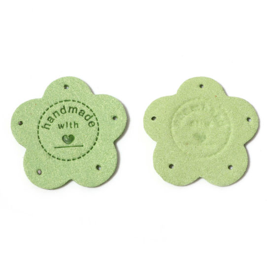 Picture of PU Leather Label Tags Flower Light Green " Handmade " 3.5cm x 3.5cm , 10 PCs