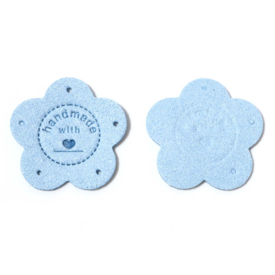Picture of PU Leather Label Tags Flower Skyblue " Handmade " 3.5cm x 3.5cm , 10 PCs