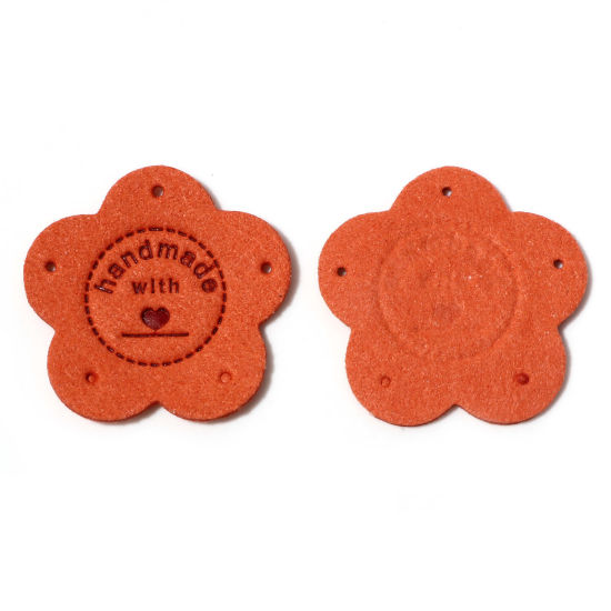 Picture of PU Leather Label Tags Flower Orange-red " Handmade " 3.5cm x 3.5cm , 10 PCs