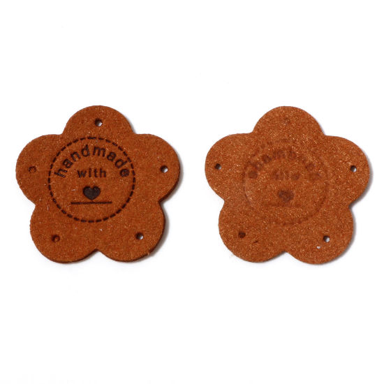 Picture of PU Leather Label Tags Flower Brown " Handmade " 3.5cm x 3.5cm , 10 PCs