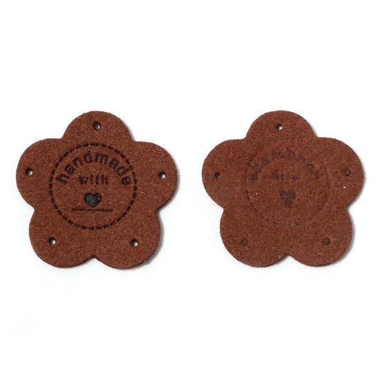 Picture of PU Leather Label Tags Flower Coffee " Handmade " 3.5cm x 3.5cm , 10 PCs