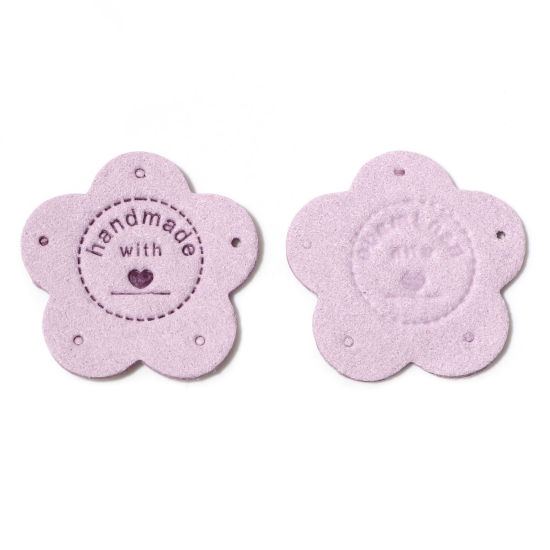 Picture of PU Leather Label Tags Flower Purple " Handmade " 3.5cm x 3.5cm , 10 PCs