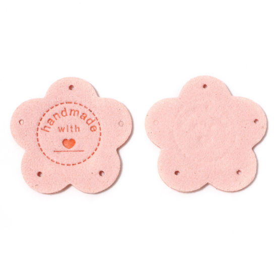Picture of PU Leather Label Tags Flower Pink " Handmade " 3.5cm x 3.5cm , 10 PCs