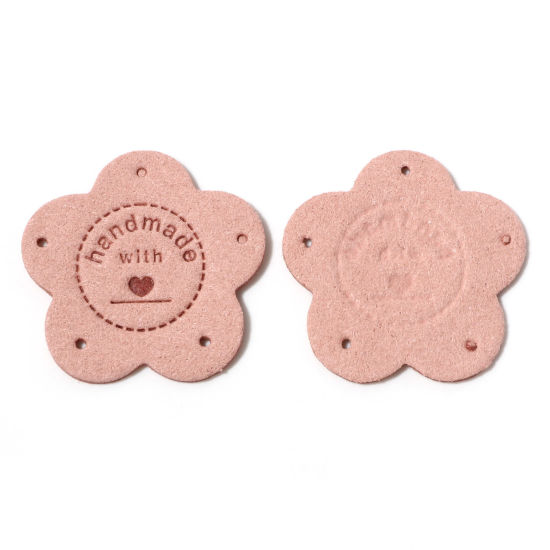Picture of PU Leather Label Tags Flower Peachy Beige " Handmade " 3.5cm x 3.5cm , 10 PCs