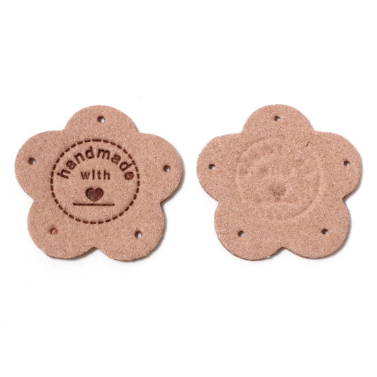 Picture of PU Leather Label Tags Flower Dark Khaki " Handmade " 3.5cm x 3.5cm , 10 PCs
